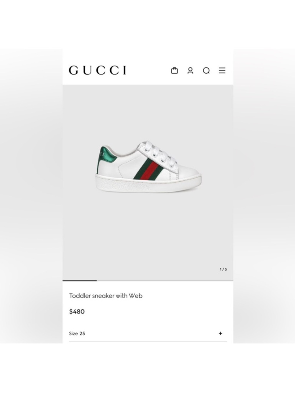 Gucci Kids White Leather Sneaker with Green & Red Stripe